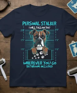Boxer dog wearing a "Personal Stalker I Will Follow You Wherever You Go Bathroom Included" t-shirt with paw prints