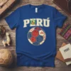 PERÚ text with a soccer ball design featuring Peruvian landmarks and symbols on a blue t-shirt