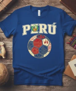 PERÚ text with a soccer ball design featuring Peruvian landmarks and symbols on a blue t-shirt
