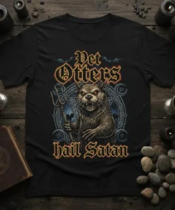 Pet Otters hail Satan t-shirt with demonic otter, trident, and occult symbols in gothic font
