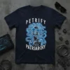 Petrify The Patriarchy t-shirt with a stylized Medusa graphic and blue neon accents, featuring bold white lettering