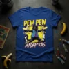 Pew Pew Madaf*kas t-shirt design with a black cat holding bananas, wearing a denim vest, and bold yellow and red