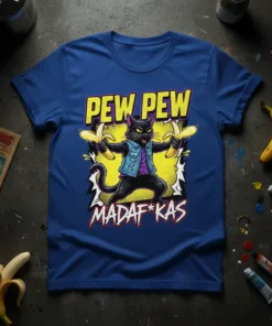 Pew Pew Madaf*kas t-shirt design with a black cat holding bananas, wearing a denim vest, and bold yellow and red