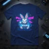 Pew Pew Pew Pew text with a cybernetic bunny character holding a game controller on a navy blue t-shirt