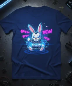 Pew Pew Pew Pew text with a cybernetic bunny character holding a game controller on a navy blue t-shirt