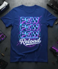 Pew Pew Pew Reload text design on a navy blue t-shirt with neon blue and pink circuitry graphics