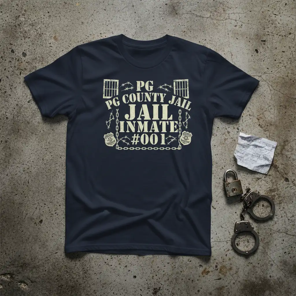 PG COUNTY JAIL INMATE #001 graphic design with prison bars and chain elements on a navy tee