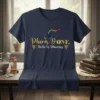 Navy blue t-shirt with "Pharm. DONE. Doctor Of Pharmacy" in gold script, featuring a graduation cap and caduceus symbols