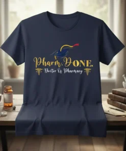 Navy blue t-shirt with "Pharm. DONE. Doctor Of Pharmacy" in gold script, featuring a graduation cap and caduceus symbols