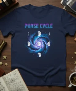 Phase Cycle t-shirt with a blue and purple cosmic swirl and detailed moon phases graphic
