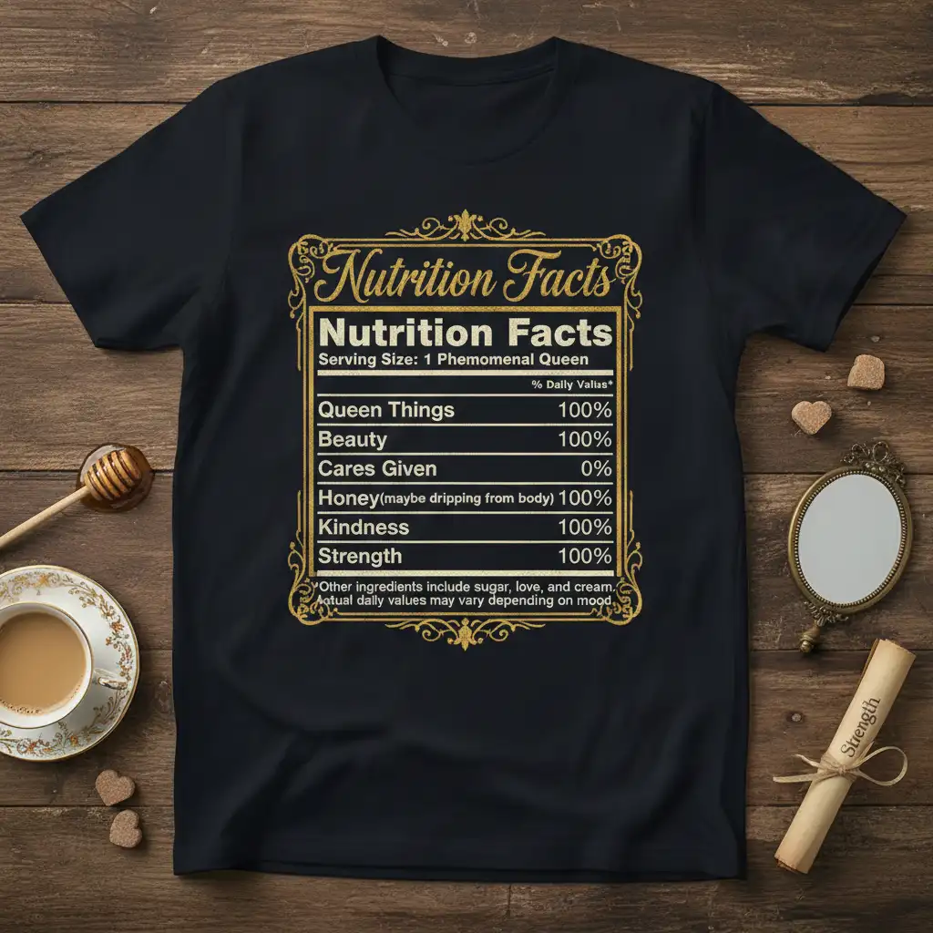 Nutrition Facts Serving Size: quote printed with eye-catching design on quality cotton blend t-shirt design
