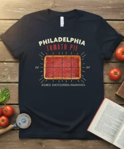 Philadelphia Tomato Pie graphic t-shirt with red and yellow text and an illustration of a tomato pie cut into squares