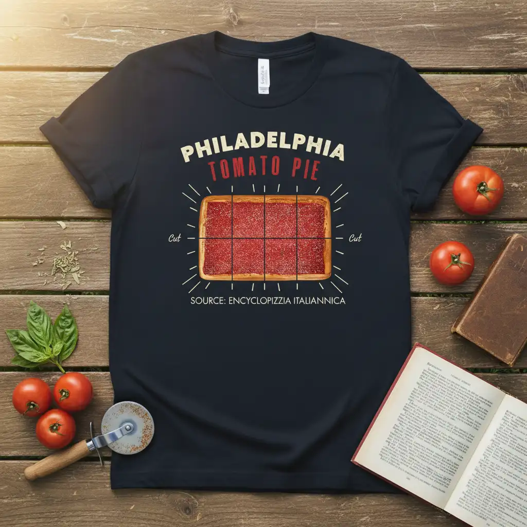 Philadelphia Tomato Pie graphic tee featuring bold text and a diagram of a tomato pie cut into squares