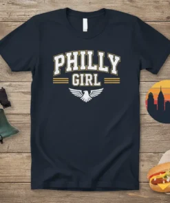 Navy blue t-shirt with "Philly Girl" text in collegiate font and an eagle graphic, representing Philadelphia pride
