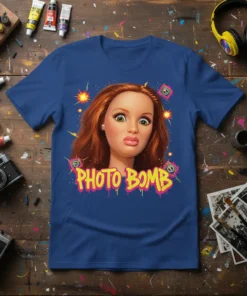 Blue t-shirt featuring the text "PHOTO BOMB" in bright yellow and pink graffiti-style font with a surprised face graphic