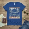 Phuket I'm Off To Thailand t-shirt design featuring palm trees, boats, and mountains with distressed text
