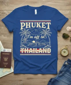 Phuket I'm Off To Thailand t-shirt design featuring palm trees, boats, and mountains with distressed text