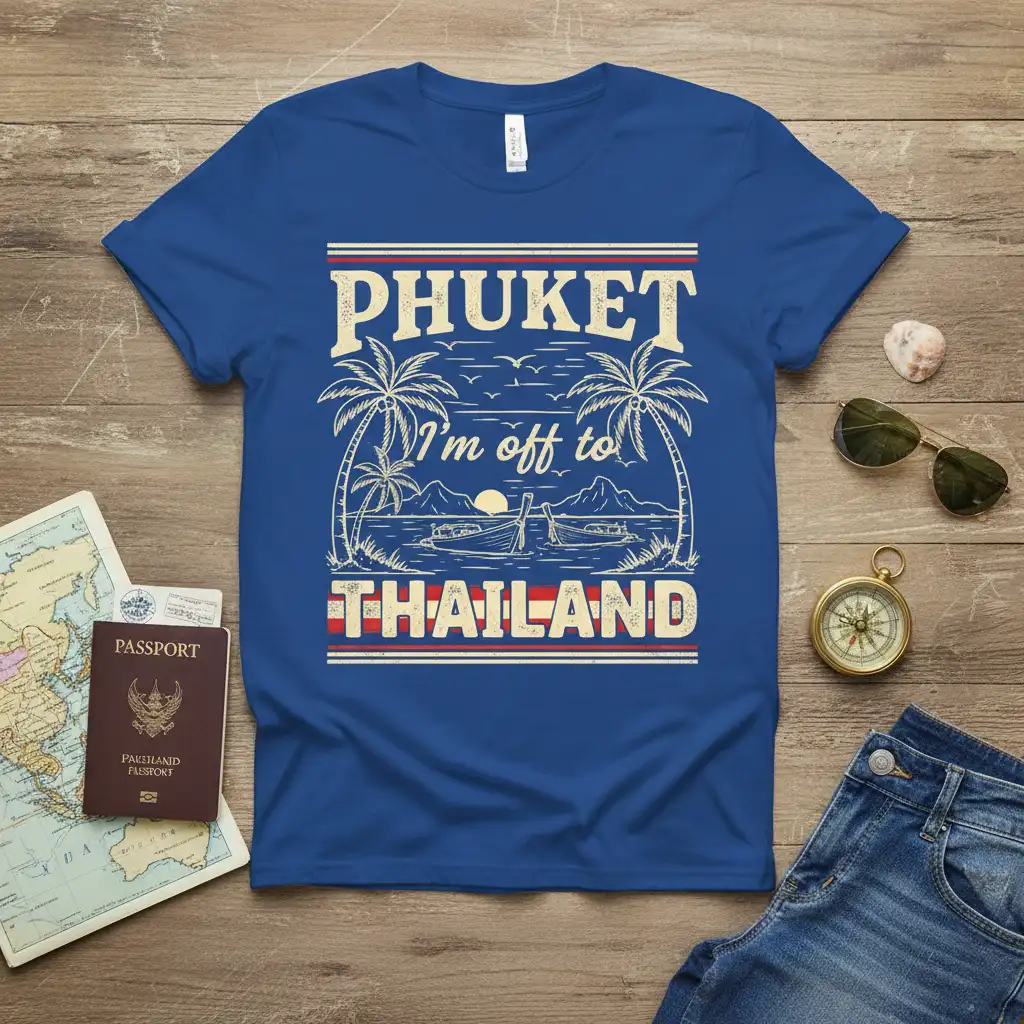 Phuket I'm Off To Thailand travel t-shirt graphic with vintage palm trees and boat scene