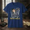 Piano Skills t-shirt design with a dabbing cartoon character, piano keys, and musical notes