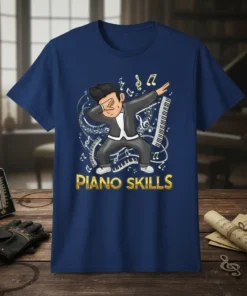 Piano Skills t-shirt design with a dabbing cartoon character, piano keys, and musical notes