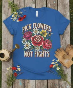 Pick Flowers Not Fights quote with a vintage floral design and a bee on a blue t-shirt