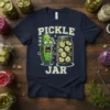 Funny Pickle Jar T-Shirt with a cartoon pickle and a jar of pickles, perfect for pickle lovers and food pun