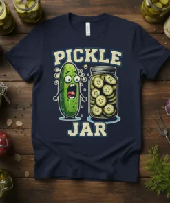 Funny Pickle Jar T-Shirt with a cartoon pickle and a jar of pickles, perfect for pickle lovers and food pun