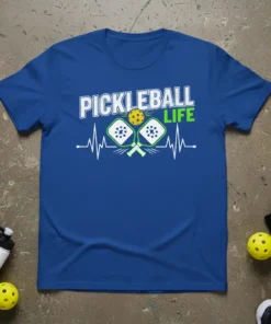 Pickleball Life heartbeat t-shirt design featuring white text and graphics of crossed paddles and a ball, symbolizing a love for