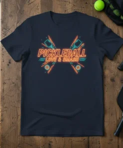 Pickleball Love & Smash neon graphic t-shirt with crossed paddles and pickleballs