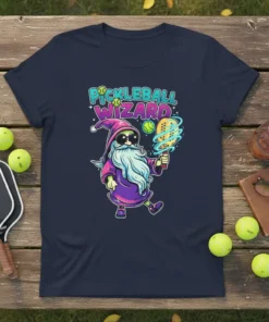 Pickleball Wizard t-shirt design featuring a wizard character holding a pickleball paddle and ball, with text "PICKLEBALL WIZARD"
