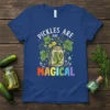 Pickles Are Magical text with a jar of pickles and vines on a navy blue t-shirt