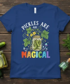 Pickles Are Magical text with a jar of pickles and vines on a navy blue t-shirt