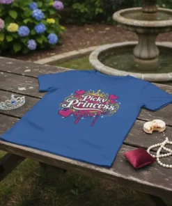 Picky Princess t-shirt design with a crown, pink hearts, and dripping accents on a blue shirt