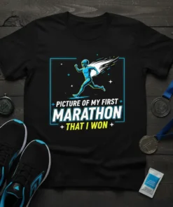 Black t-shirt featuring a blue and white graphic of a runner in motion, with text "Picture of My First Marathon