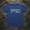 Blue t-shirt with "PIECE BE with you" text and a stylized gun graphic, designed for gun owners