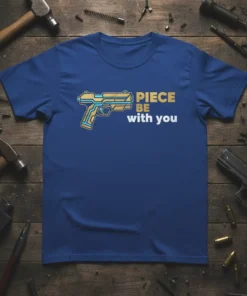 Blue t-shirt with "PIECE BE with you" text and a stylized gun graphic, designed for gun owners