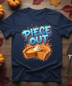 Piece Out text graphic with a slice of pumpkin pie topped with whipped cream on a navy t-shirt