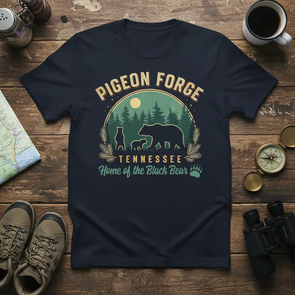 Pigeon Forge Tennessee Home of the Black Bear graphic t-shirt with bear family and mountain forest scene