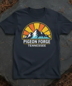 Pigeon Forge Tennessee text with mountain sunset graphic on a dark t-shirt