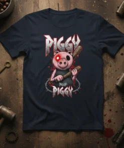 Piggy Piggy t-shirt design featuring the scary pig character holding a baseball bat, with red glowing eye and barbed wire