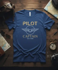 Pilot Captain Est 1928 T-Shirt with vintage aviation emblem and gold text