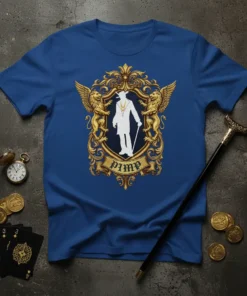 Pimp Gentleman Emblem T-Shirt featuring a gold crest with a silhouette and the word 'pimp'