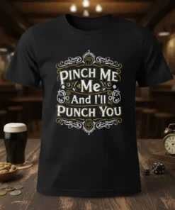 Pinch Me Me And I'll Punch You text design on a black t-shirt with ornate border and fist graphics