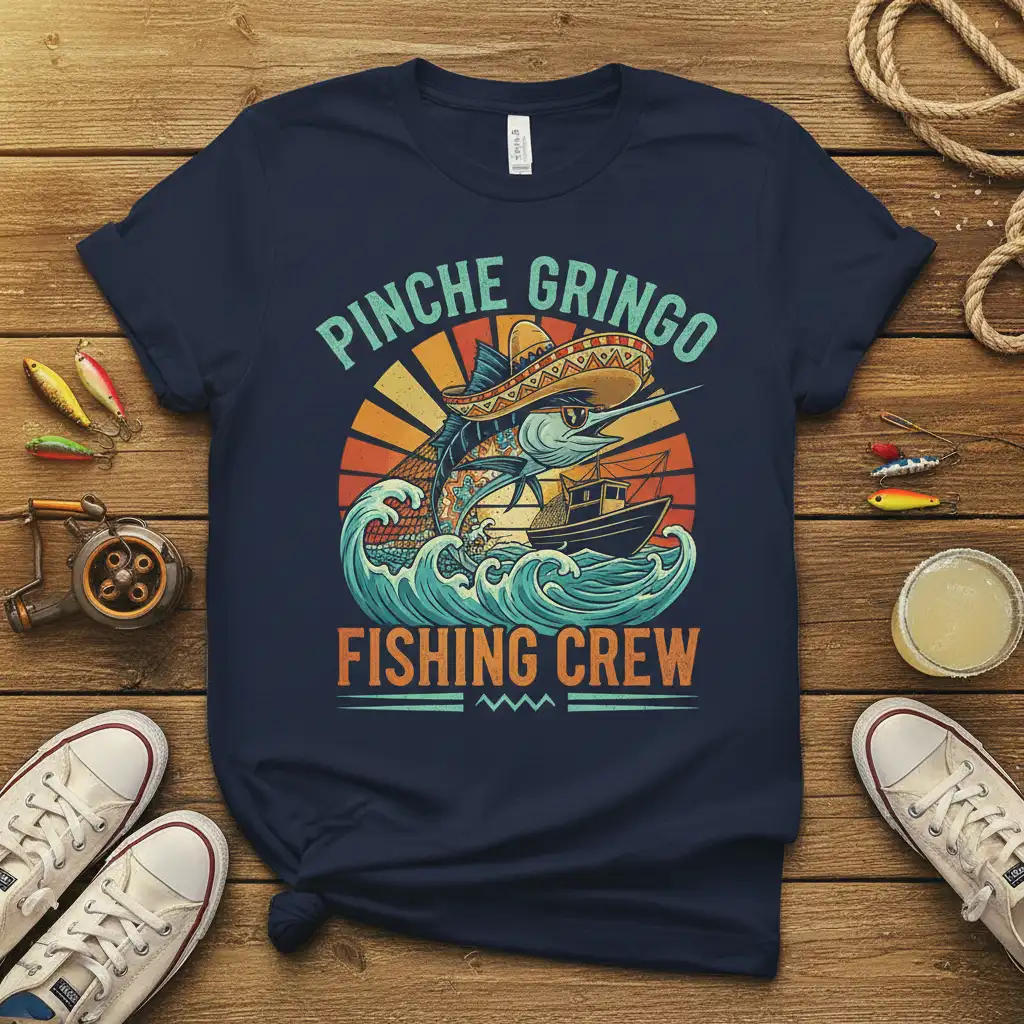 Pinche Gringo Fishing Crew t-shirt featuring a stylized marlin in a sombrero and sunglasses, with a fishing boat and ocean waves