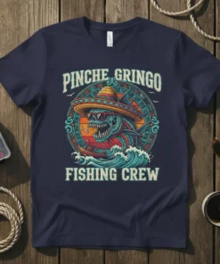 Pinche Gringo Fishing Crew t-shirt design featuring a cool fish wearing a sombrero and sunglasses, with waves and nautical elements