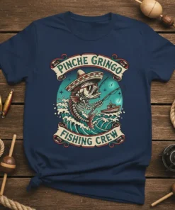 Pinche Gringo Fishing Crew T-Shirt featuring a skeleton fish in a sombrero fishing from a boat