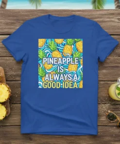 Pineapple Is Always A Good Idea text with tropical pineapple pattern on a blue t-shirt