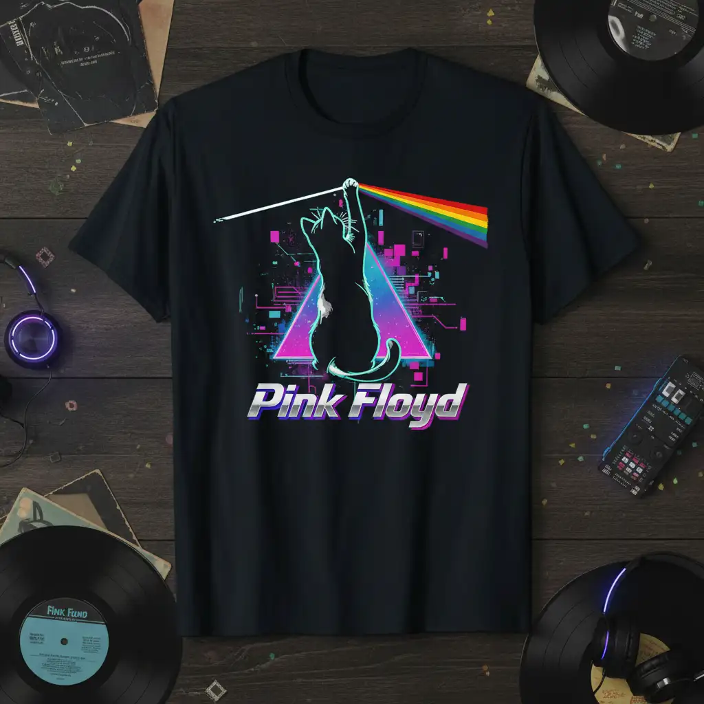 Pink Floyd Cat Prism design on a black t-shirt with retro neon graphics and rainbow light effect