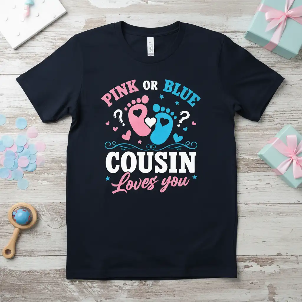 Pink or Blue Cousin Loves You text with baby footprints and hearts on a dark t-shirt, gender reveal theme