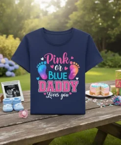 Pink or BLUE DADDY Loves you gender reveal t-shirt with colorful footprints and baby announcement text